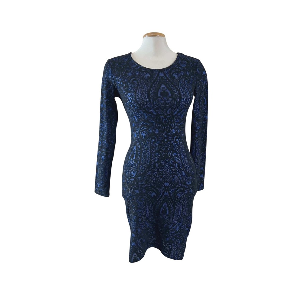 Blue Black Paisley Damask Long Sleeve Bodycon‎ Sheath Dress Womens whimsigoth